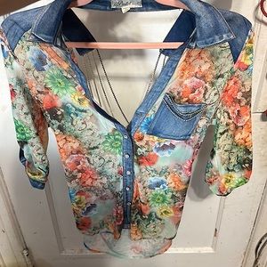 Sheer floral/denim mix top with rhinestone cross-string back